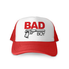 Кепка тракер с сеткой с принтом Bad boy (плохой парень) в Тюмени, трикотажное полотно; задняя часть — сетка | длинный козырек, универсальный размер, пластиковая застежка | bad boy