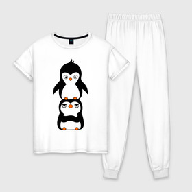 Женская пижама хлопок с принтом Пингвины в Тюмени, 100% хлопок | брюки и футболка прямого кроя, без карманов, на брюках мягкая резинка на поясе и по низу штанин | 14 февраля | влюбленным | пингвины | прикольные картинки