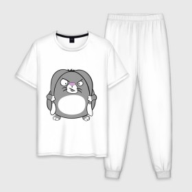 Мужская пижама хлопок с принтом Толстый заяц в Тюмени, 100% хлопок | брюки и футболка прямого кроя, без карманов, на брюках мягкая резинка на поясе и по низу штанин
 | животные | зайка | злой заяц | серый заяц | толстый заяц