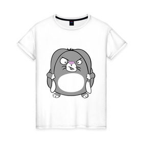 Женская футболка хлопок с принтом Толстый заяц в Тюмени, 100% хлопок | прямой крой, круглый вырез горловины, длина до линии бедер, слегка спущенное плечо | животные | зайка | злой заяц | серый заяц | толстый заяц