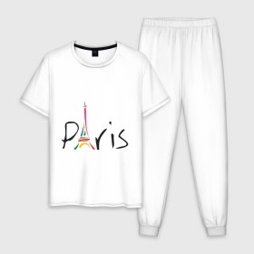 Мужская пижама хлопок с принтом Красочный Париж в Тюмени, 100% хлопок | брюки и футболка прямого кроя, без карманов, на брюках мягкая резинка на поясе и по низу штанин
 | башня | красочный париж | париж | туристические | франция | эльфивая башня