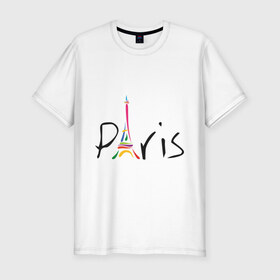 Мужская футболка премиум с принтом Красочный Париж в Тюмени, 92% хлопок, 8% лайкра | приталенный силуэт, круглый вырез ворота, длина до линии бедра, короткий рукав | Тематика изображения на принте: башня | красочный париж | париж | туристические | франция | эльфивая башня