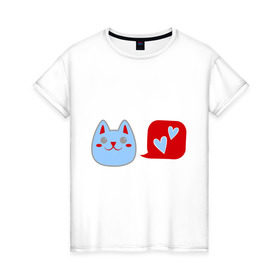 Женская футболка хлопок с принтом Любящий котейка в Тюмени, 100% хлопок | прямой крой, круглый вырез горловины, длина до линии бедер, слегка спущенное плечо | кошки | любовь | любящий котейка | мурка | сердечки