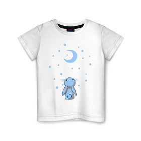 Детская футболка хлопок с принтом Зайчик в Тюмени, 100% хлопок | круглый вырез горловины, полуприлегающий силуэт, длина до линии бедер | белый зайка | животные | зайка | зайчик | зима | месяц | милый | снежок