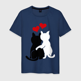 Мужская футболка хлопок с принтом Кот и кошка в Тюмени, 100% хлопок | прямой крой, круглый вырез горловины, длина до линии бедер, слегка спущенное плечо. | день святого валентина | идеи подарков | кот и кошка | котята | кошки | любовь | прикольные картинки | сердечки