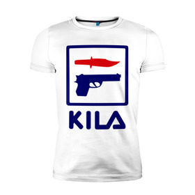 Мужская футболка премиум с принтом Kila в Тюмени, 92% хлопок, 8% лайкра | приталенный силуэт, круглый вырез ворота, длина до линии бедра, короткий рукав | Тематика изображения на принте: 23 февраля | kila | выстрел | нож | пистолет | угроза