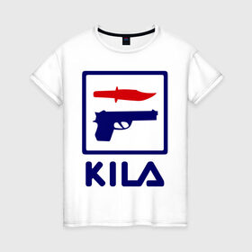 Женская футболка хлопок с принтом Kila в Тюмени, 100% хлопок | прямой крой, круглый вырез горловины, длина до линии бедер, слегка спущенное плечо | 23 февраля | kila | выстрел | нож | пистолет | угроза