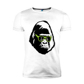 Мужская футболка премиум с принтом Горилла в очках в Тюмени, 92% хлопок, 8% лайкра | приталенный силуэт, круглый вырез ворота, длина до линии бедра, короткий рукав | Тематика изображения на принте: гаврила | горилла в очках | животные | обезьяна | прикольные картинки