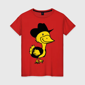 Женская футболка хлопок с принтом Утка в Тюмени, 100% хлопок | прямой крой, круглый вырез горловины, длина до линии бедер, слегка спущенное плечо | животные | ковбой | прикольные картинки | утка | утка в шляпе | шляпа
