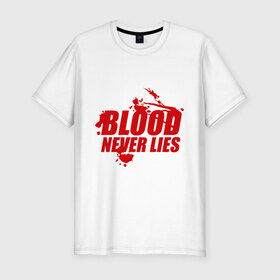 Мужская футболка премиум с принтом Кровь никогда не врет в Тюмени, 92% хлопок, 8% лайкра | приталенный силуэт, круглый вырез ворота, длина до линии бедра, короткий рукав | dexter | кровь никогда не вретэ | сериалы