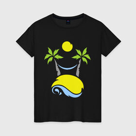 Женская футболка хлопок с принтом Море, пальмы, песок, гамак в Тюмени, 100% хлопок | прямой крой, круглый вырез горловины, длина до линии бедер, слегка спущенное плечо | гамак | море | пальмы | песок | туристические