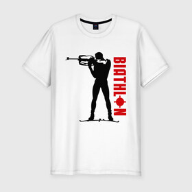 Мужская футболка премиум с принтом Биатлон в Тюмени, 92% хлопок, 8% лайкра | приталенный силуэт, круглый вырез ворота, длина до линии бедра, короткий рукав | биатлон | зимние виды спорт | лыжи | разное спортивное | спорт