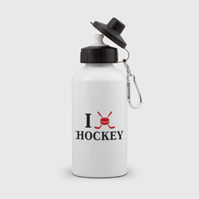 Бутылка спортивная с принтом Я люблю хоккей в Тюмени, металл | емкость — 500 мл, в комплекте две пластиковые крышки и карабин для крепления | спорт | хоккей | шайба | я люблю хоккей