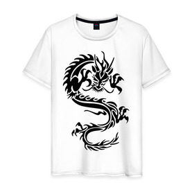 Мужская футболка хлопок с принтом Дракон орнамент в Тюмени, 100% хлопок | прямой крой, круглый вырез горловины, длина до линии бедер, слегка спущенное плечо. | дракон | дракон орнамент | прикольные картинки 
большой дракон | трайблы и узоры