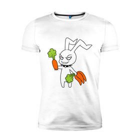 Мужская футболка премиум с принтом Злой зайчик в Тюмени, 92% хлопок, 8% лайкра | приталенный силуэт, круглый вырез ворота, длина до линии бедра, короткий рукав | животные | зайка | злой зайчик | кролик | морковка | прикольные картинки
