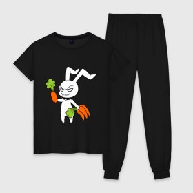 Женская пижама хлопок с принтом Злой зайчик в Тюмени, 100% хлопок | брюки и футболка прямого кроя, без карманов, на брюках мягкая резинка на поясе и по низу штанин | животные | зайка | злой зайчик | кролик | морковка | прикольные картинки