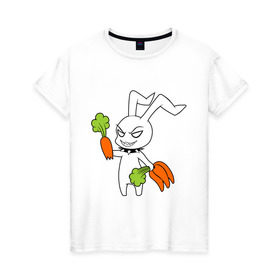 Женская футболка хлопок с принтом Злой зайчик в Тюмени, 100% хлопок | прямой крой, круглый вырез горловины, длина до линии бедер, слегка спущенное плечо | животные | зайка | злой зайчик | кролик | морковка | прикольные картинки