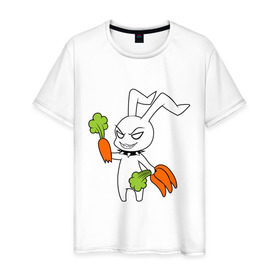 Мужская футболка хлопок с принтом Злой зайчик в Тюмени, 100% хлопок | прямой крой, круглый вырез горловины, длина до линии бедер, слегка спущенное плечо. | животные | зайка | злой зайчик | кролик | морковка | прикольные картинки