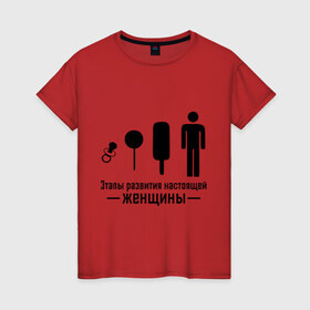 Женская футболка хлопок с принтом Этапы развития женщины в Тюмени, 100% хлопок | прямой крой, круглый вырез горловины, длина до линии бедер, слегка спущенное плечо | женщина | конфетка | леденец | мальчик | мороженое | настоящая женщина | парень | соска | этапы развития женщины