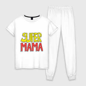 Женская пижама хлопок с принтом Супер мама в Тюмени, 100% хлопок | брюки и футболка прямого кроя, без карманов, на брюках мягкая резинка на поясе и по низу штанин | super | мама | супер мама
