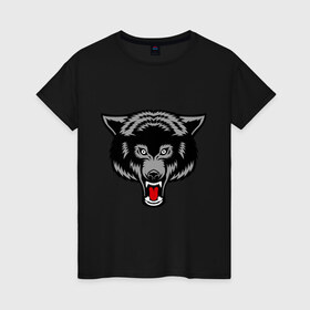 Женская футболка хлопок с принтом Безжалостный волк в Тюмени, 100% хлопок | прямой крой, круглый вырез горловины, длина до линии бедер, слегка спущенное плечо | безжалостный волк | вол | животные | зубы | прикольные картинки | серый