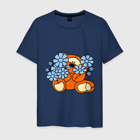 Мужская футболка хлопок с принтом Мишка с цветами в Тюмени, 100% хлопок | прямой крой, круглый вырез горловины, длина до линии бедер, слегка спущенное плечо. | Тематика изображения на принте: 8 марта | teddy bear | девушкам | мишка | мишка с цветами | подарки | цветы