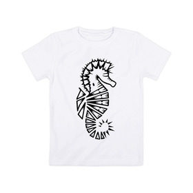 Детская футболка хлопок с принтом Морской конек тату узор в Тюмени, 100% хлопок | круглый вырез горловины, полуприлегающий силуэт, длина до линии бедер | море | морской конёк | морской конек тату узор | прикольные картинки | трайблы | узор | узоры