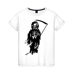 Женская футболка хлопок с принтом Смерть в Тюмени, 100% хлопок | прямой крой, круглый вырез горловины, длина до линии бедер, слегка спущенное плечо | скелет