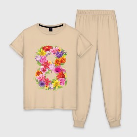 Женская пижама хлопок с принтом 8 марта из цветов в Тюмени, 100% хлопок | брюки и футболка прямого кроя, без карманов, на брюках мягкая резинка на поясе и по низу штанин | 8 марта | 8 марта из цветов | идеи подарков | любимая | мама | подарок | цветы