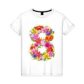 Женская футболка хлопок с принтом 8 марта из цветов в Тюмени, 100% хлопок | прямой крой, круглый вырез горловины, длина до линии бедер, слегка спущенное плечо | 8 марта | 8 марта из цветов | идеи подарков | любимая | мама | подарок | цветы