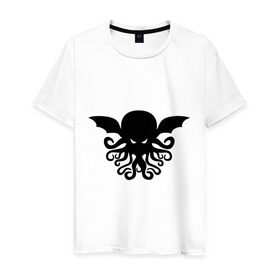 Мужская футболка хлопок с принтом Ктулху в Тюмени, 100% хлопок | прямой крой, круглый вырез горловины, длина до линии бедер, слегка спущенное плечо. | Тематика изображения на принте: дьяволы | ктулху | монстры | море | осьминог | привидения