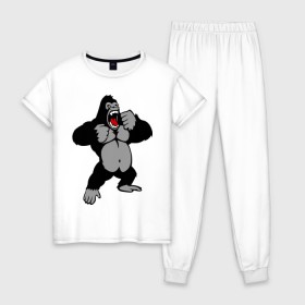 Женская пижама хлопок с принтом Злая горилла в Тюмени, 100% хлопок | брюки и футболка прямого кроя, без карманов, на брюках мягкая резинка на поясе и по низу штанин | Тематика изображения на принте: горилла | животные | злая горилла | обезьяна