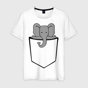 Мужская футболка хлопок с принтом Слон в кармашке в Тюмени, 100% хлопок | прямой крой, круглый вырез горловины, длина до линии бедер, слегка спущенное плечо. | Тематика изображения на принте: слон