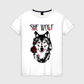 Женская футболка хлопок с принтом Модный дизайн - Настоящая Волчица в Тюмени, 100% хлопок | прямой крой, круглый вырез горловины, длина до линии бедер, слегка спущенное плечо | волк | волки | модный дизайн | настоящая волчица | прикольные картинки | роза | серый | цветы