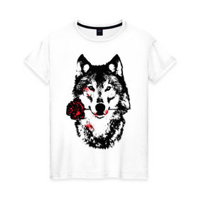 Женская футболка хлопок с принтом Модный дизайн - Волк и Роза в Тюмени, 100% хлопок | прямой крой, круглый вырез горловины, длина до линии бедер, слегка спущенное плечо | волки | модный дизайн   волк и роза | прикольные картинки | роза | цветы