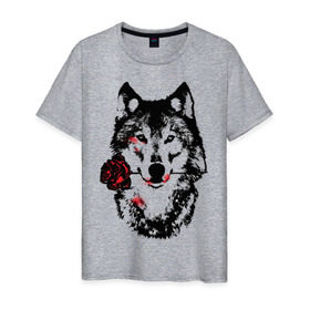Мужская футболка хлопок с принтом Модный дизайн - Волк и Роза в Тюмени, 100% хлопок | прямой крой, круглый вырез горловины, длина до линии бедер, слегка спущенное плечо. | Тематика изображения на принте: волки | модный дизайн   волк и роза | прикольные картинки | роза | цветы