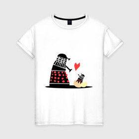 Женская футболка хлопок с принтом Далеки в Тюмени, 100% хлопок | прямой крой, круглый вырез горловины, длина до линии бедер, слегка спущенное плечо | doctor | далеки | детеныш далека | доктор | доктор кто | любовь | мама | мило | персонажи | приколы | сериалы