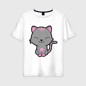 Женская футболка хлопок Oversize с принтом Довольный кот в Тюмени, 100% хлопок | свободный крой, круглый ворот, спущенный рукав, длина до линии бедер
 | довольный кот | киска | кот | котёнок | котик | коты и кошки | коты мемы | кошки | мурка | серый кот