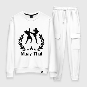 Женский костюм хлопок с принтом Muay Thai (Тайский бокс) в Тюмени, 100% хлопок | на свитшоте круглая горловина, мягкая резинка по низу. Брюки заужены к низу, на них два вида карманов: два 