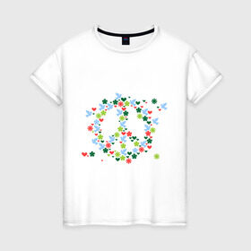 Женская футболка хлопок с принтом Знак мира в Тюмени, 100% хлопок | прямой крой, круглый вырез горловины, длина до линии бедер, слегка спущенное плечо | бабочки | девушкам | знак мира | пацифистка | цветочки