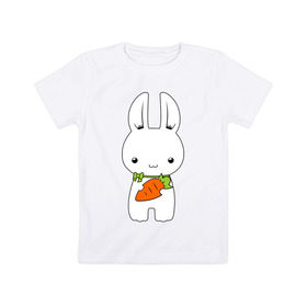 Детская футболка хлопок с принтом Зайчик с морковкой в Тюмени, 100% хлопок | круглый вырез горловины, полуприлегающий силуэт, длина до линии бедер | белый кролик | животные | зайчик | зайчик с морковкой | морковь