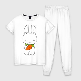 Женская пижама хлопок с принтом Зайчик с морковкой в Тюмени, 100% хлопок | брюки и футболка прямого кроя, без карманов, на брюках мягкая резинка на поясе и по низу штанин | белый кролик | животные | зайчик | зайчик с морковкой | морковь