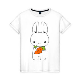 Женская футболка хлопок с принтом Зайчик с морковкой в Тюмени, 100% хлопок | прямой крой, круглый вырез горловины, длина до линии бедер, слегка спущенное плечо | белый кролик | животные | зайчик | зайчик с морковкой | морковь