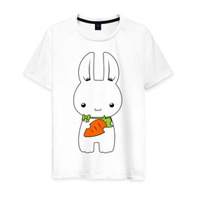 Мужская футболка хлопок с принтом Зайчик с морковкой в Тюмени, 100% хлопок | прямой крой, круглый вырез горловины, длина до линии бедер, слегка спущенное плечо. | Тематика изображения на принте: белый кролик | животные | зайчик | зайчик с морковкой | морковь