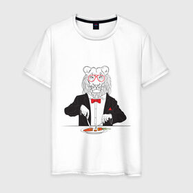Мужская футболка хлопок с принтом Лев вегетарианец в Тюмени, 100% хлопок | прямой крой, круглый вырез горловины, длина до линии бедер, слегка спущенное плечо. | еда | животные | лев | лев вегетарианец | очки | прикольные картинки | хипстер