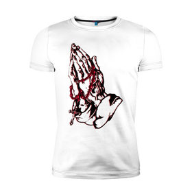 Мужская футболка премиум с принтом Тату  Молись  - модный дизайн в Тюмени, 92% хлопок, 8% лайкра | приталенный силуэт, круглый вырез ворота, длина до линии бедра, короткий рукав | 