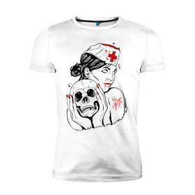 Мужская футболка премиум с принтом Тату медсестра в Тюмени, 92% хлопок, 8% лайкра | приталенный силуэт, круглый вырез ворота, длина до линии бедра, короткий рукав | кровь | медсестра | тату | тату медсестра | череп