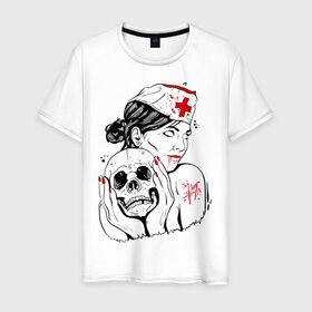 Мужская футболка хлопок с принтом Тату медсестра в Тюмени, 100% хлопок | прямой крой, круглый вырез горловины, длина до линии бедер, слегка спущенное плечо. | кровь | медсестра | тату | тату медсестра | череп