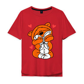 Мужская футболка хлопок Oversize с принтом Мишка с зайкой в Тюмени, 100% хлопок | свободный крой, круглый ворот, “спинка” длиннее передней части | зайкой | заяц | кролик | любовь | медведь | мишка