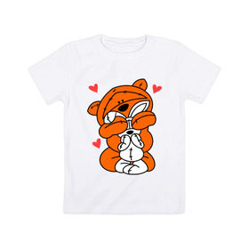 Детская футболка хлопок с принтом Мишка с зайкой в Тюмени, 100% хлопок | круглый вырез горловины, полуприлегающий силуэт, длина до линии бедер | Тематика изображения на принте: зайкой | заяц | кролик | любовь | медведь | мишка
